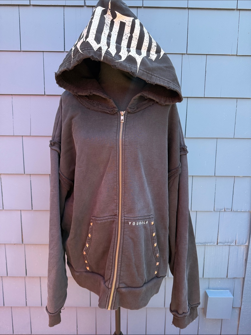 YoungLA Black Distressed Zip Hoodie with Studded Pockets XXL